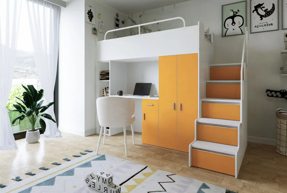 Vyvýšená postel Magnólie 200 x 90 cm s psacím stolem - Mat - Oranžová