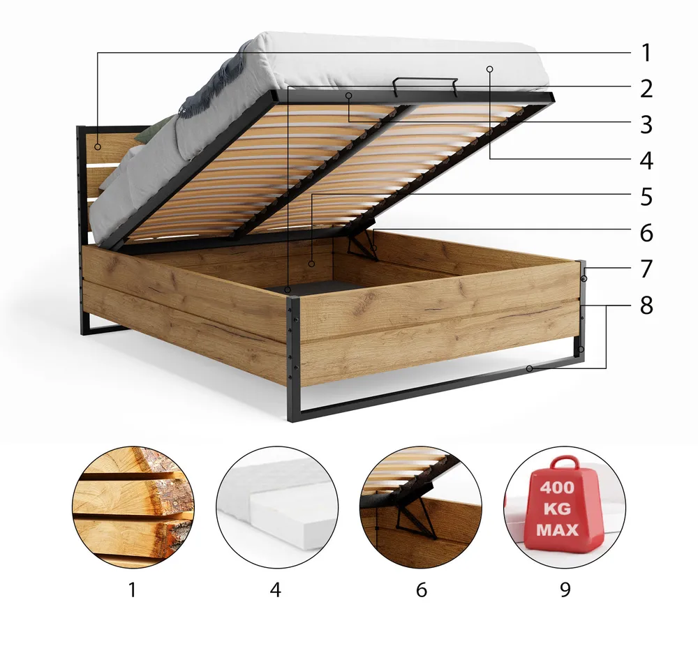 BMS Group Luxusní postel Loft - Dubové dřevo + ocelový rám 200x140