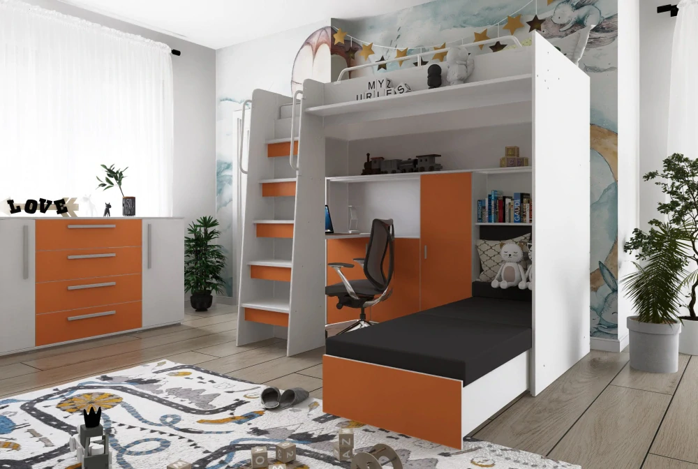 Patrová postel Jasmína 200 x 90 cm s psacím stolem - Mat | Zelená - pravá