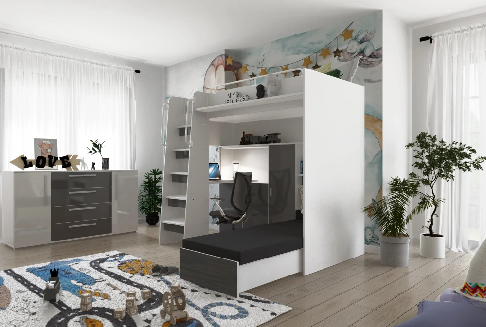 Patrová postel Jasmína 200 x 90 cm s psacím stolem - Lesk bílá - levá