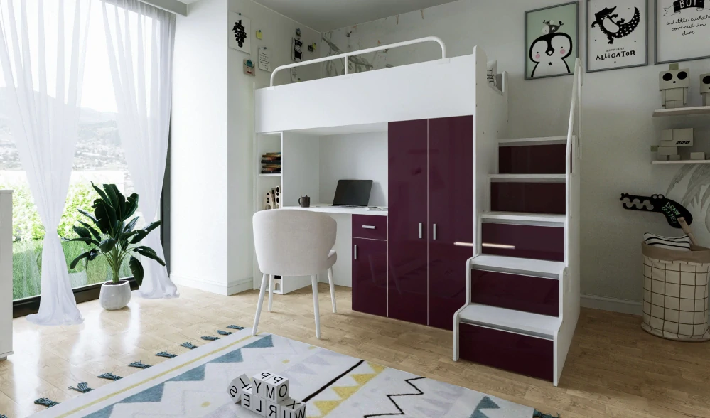 Vyvýšená postel Magnólie 200 x 90 cm s psacím stolem - Lesk - Smetanová