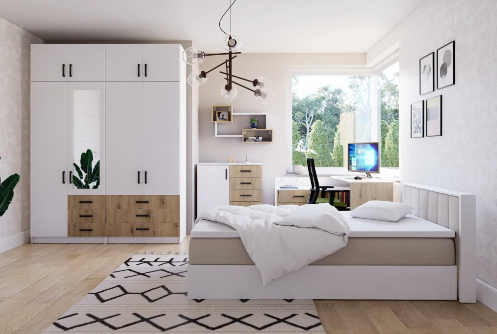 Šatní skříň Sigma 90 cm se zrcadlem a nádstavbou Bílá - bílá/dub