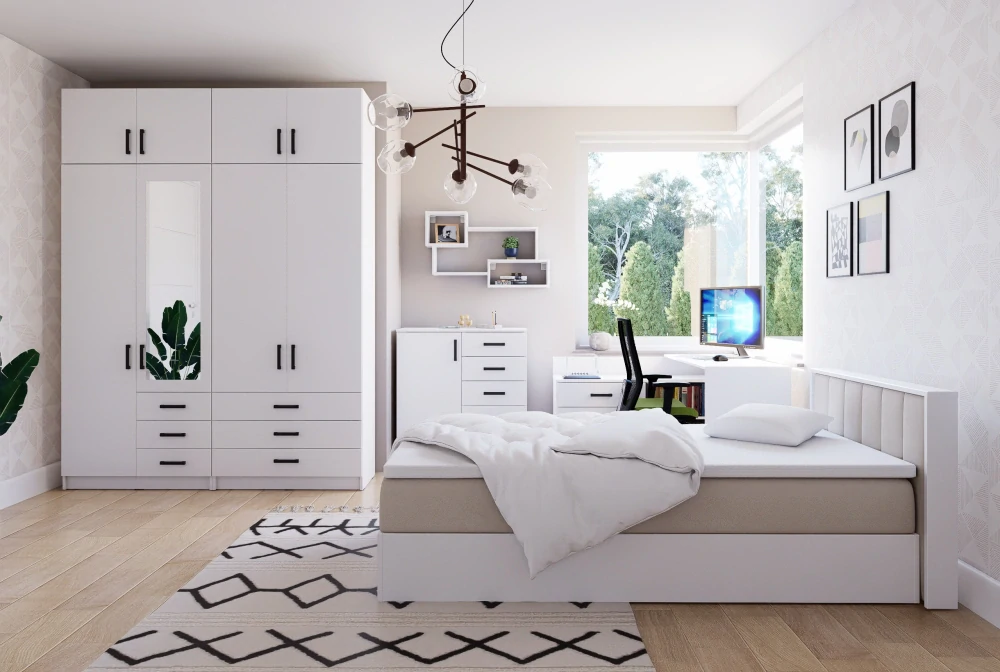 Šatní skříň Sigma 90 cm se zrcadlem a nádstavbou Bílá - bílá/bílá