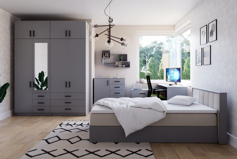 Šatní skříň Sigma 90 cm se zrcadlem a nádstavbou Šedá - šedá/šedá