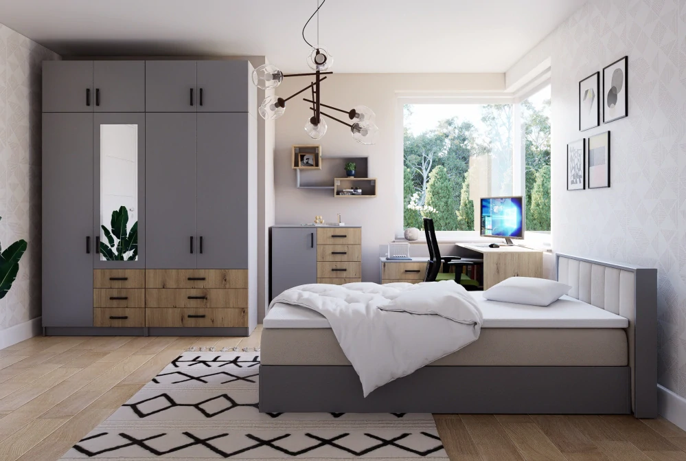 Šatní skříň Sigma 90 cm se zrcadlem a nádstavbou Šedá - šedá/dub