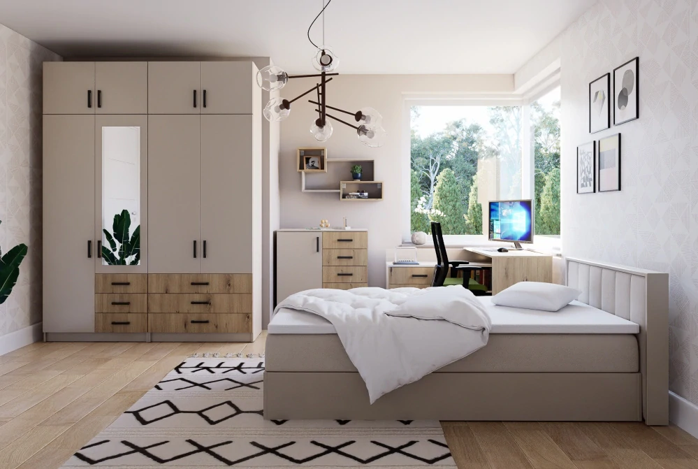 Šatní skříň Sigma 90 cm se zrcadlem a nádstavbou Kašmír - kašmír/dub