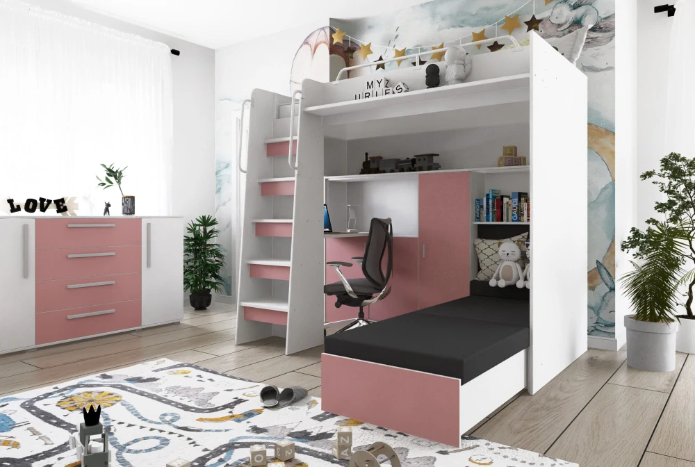 Patrová postel Jasmína 200 x 90 cm s psacím stolem - Mat | Zelená - pravá