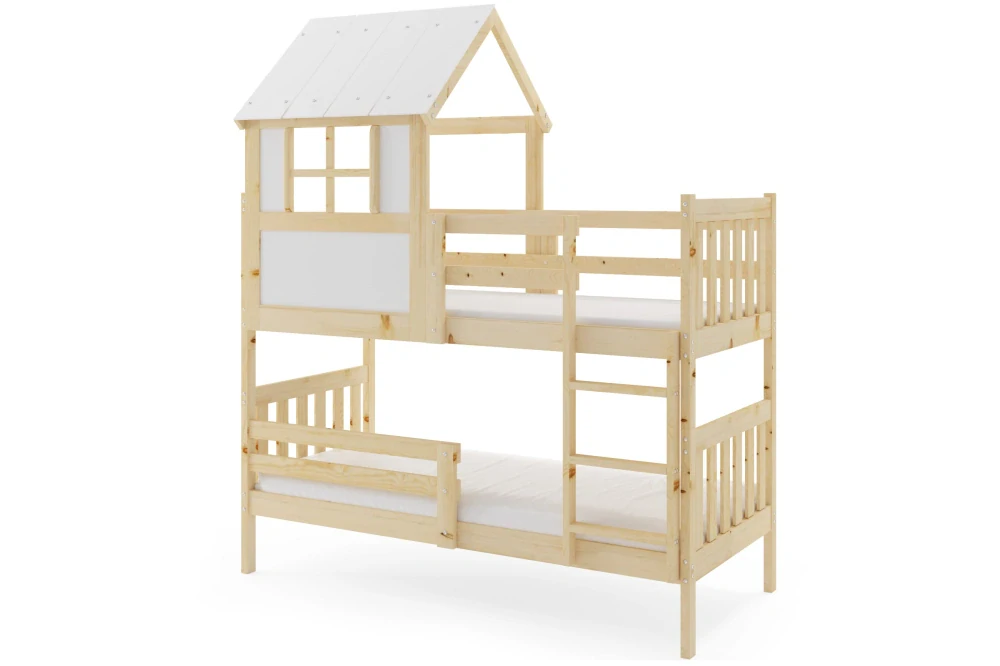 Dětská patrová postel domeček Kacper 190 x 90 přírodní | s matracemi