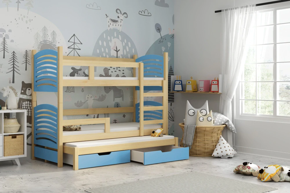 Dětská patrová postel Oli 3 - přírodní / šedá 160 x 75