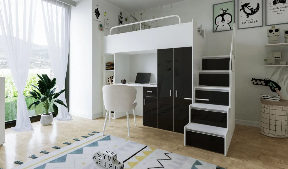 Vyvýšená postel Magnólie 200 x 90 cm s psacím stolem - Lesk - Smetanová