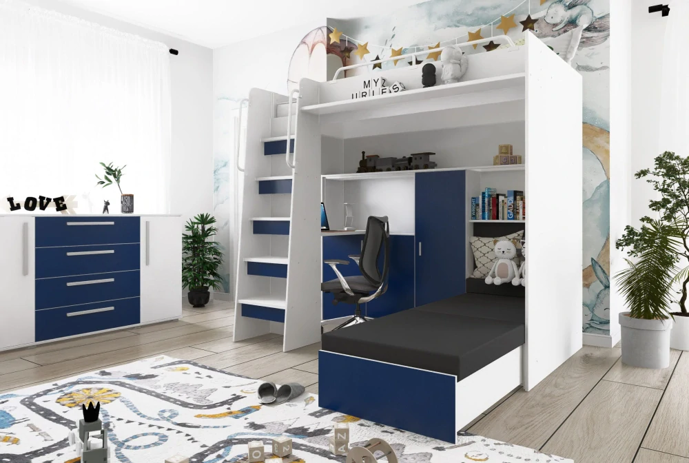 Patrová postel Jasmína 200 x 90 cm s psacím stolem - Mat | Zelená - pravá