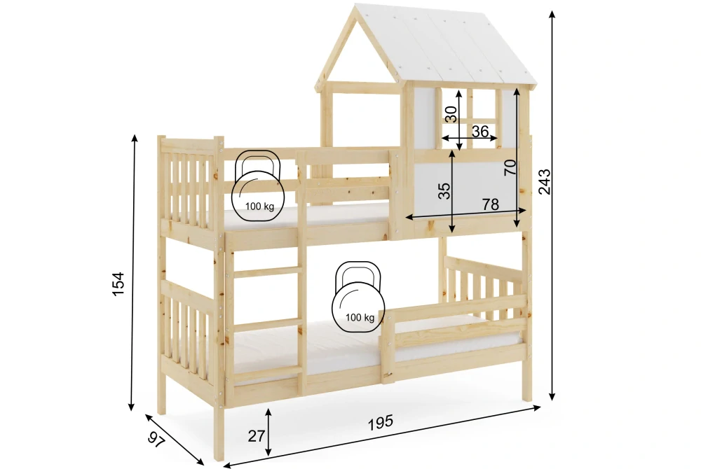 Dětská patrová postel domeček Kacper 190 x 90 přírodní | s matracemi