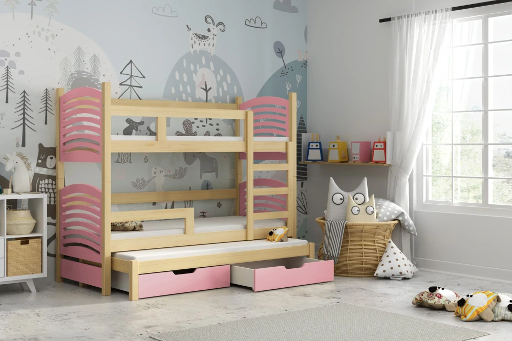 Dětská patrová postel Oli 3 - přírodní / šedá 160 x 75