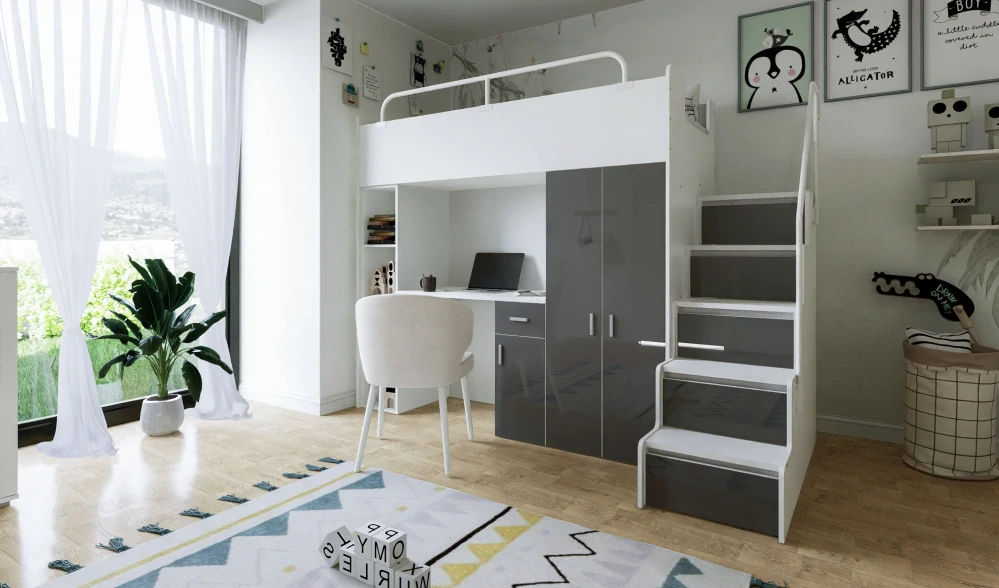 Vyvýšená postel Magnólie 200 x 90 cm s psacím stolem - Lesk - Smetanová