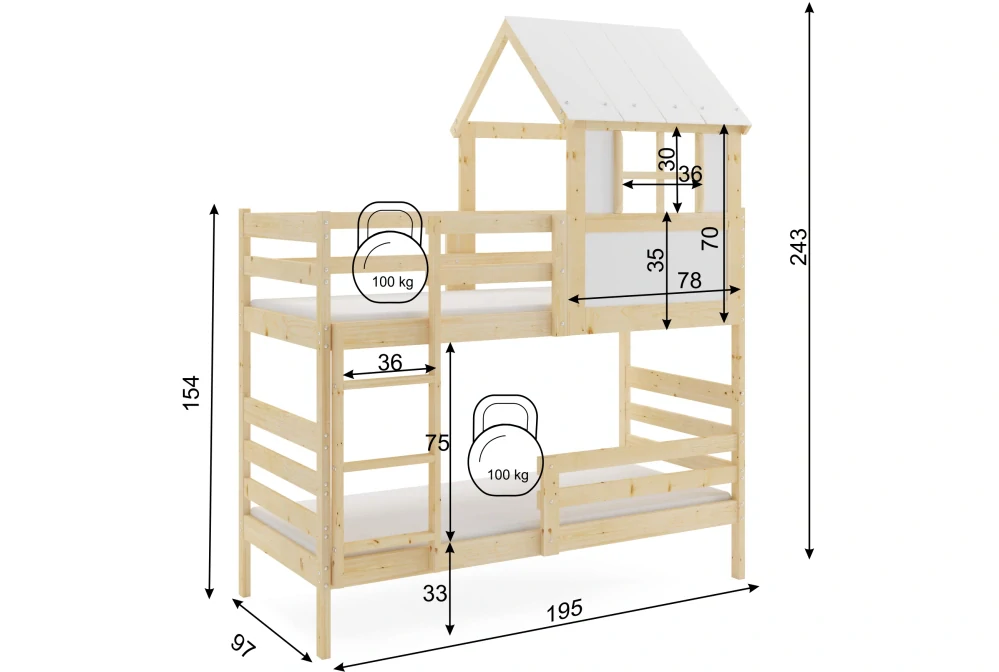 Dětská patrová postel domeček Eryk 190 x 90 přírodní | bez matrací