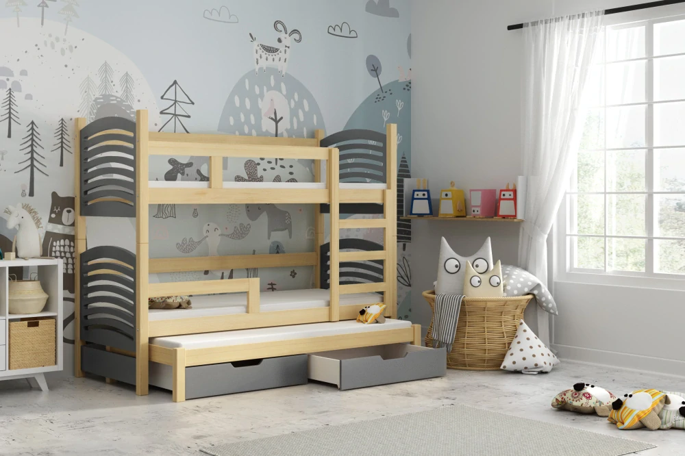 Dětská patrová postel Oli 3 - přírodní / šedá 160 x 75
