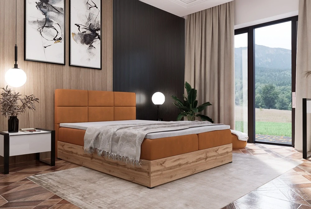 Manželská čalouněná postel Riko II 200 x 200 okrová | s topperem