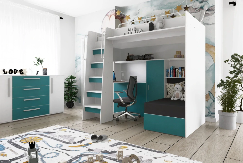 Patrová postel Jasmína 200 x 90 cm s psacím stolem - Mat | Zelená - pravá