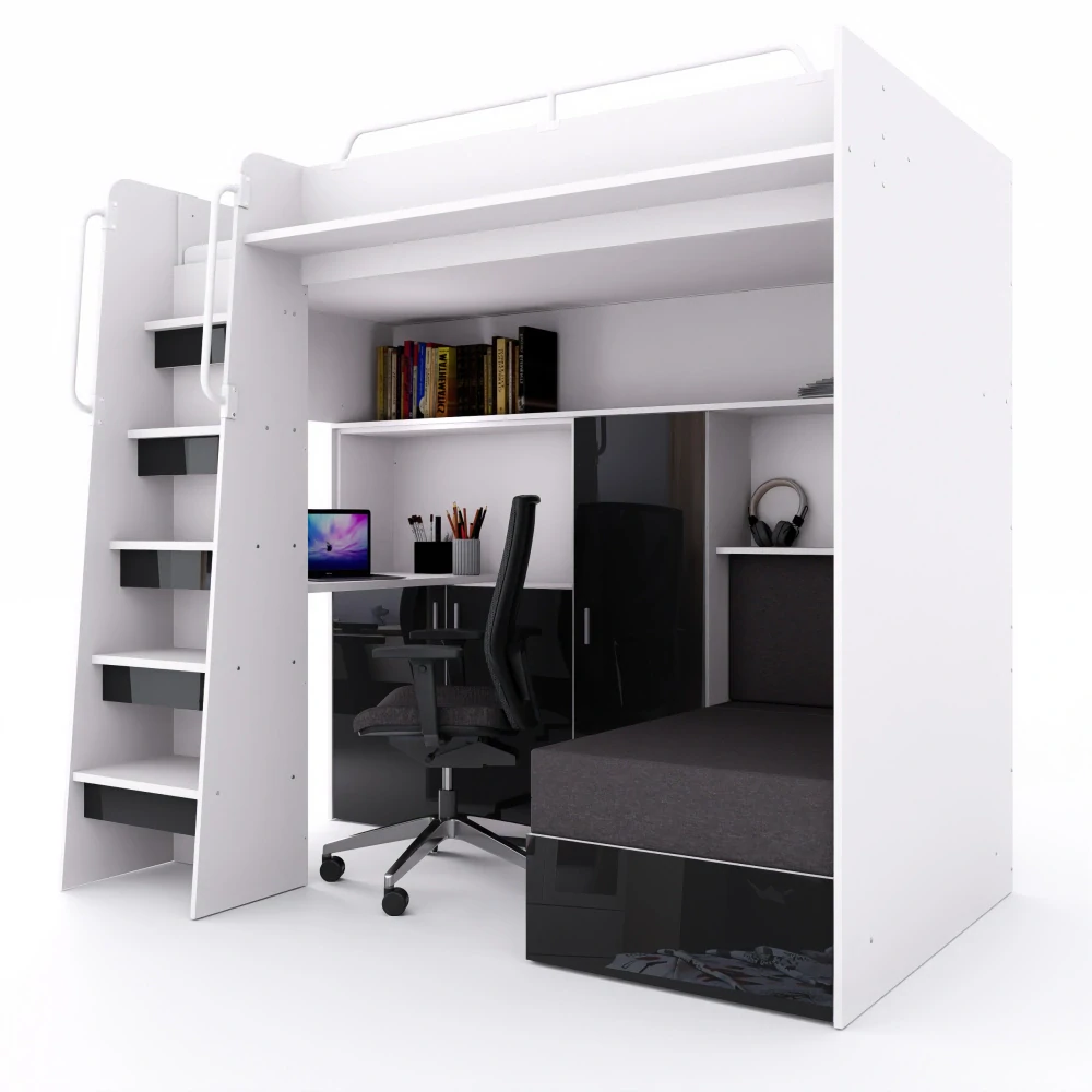 Patrová postel Jasmína 200 x 90 cm s psacím stolem - Lesk bílá - levá