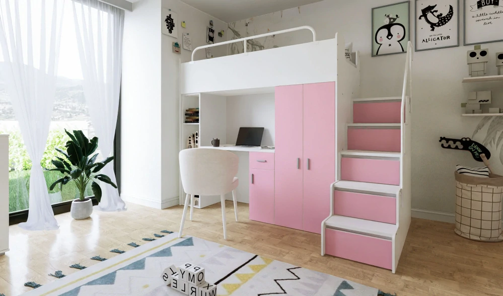 Vyvýšená postel Magnólie 200 x 90 cm s psacím stolem - Mat - Šedá