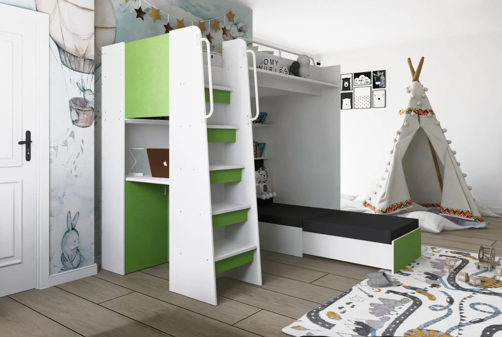 Patrová postel Jasmína 200 x 90 cm s psacím stolem - Mat | Zelená - pravá