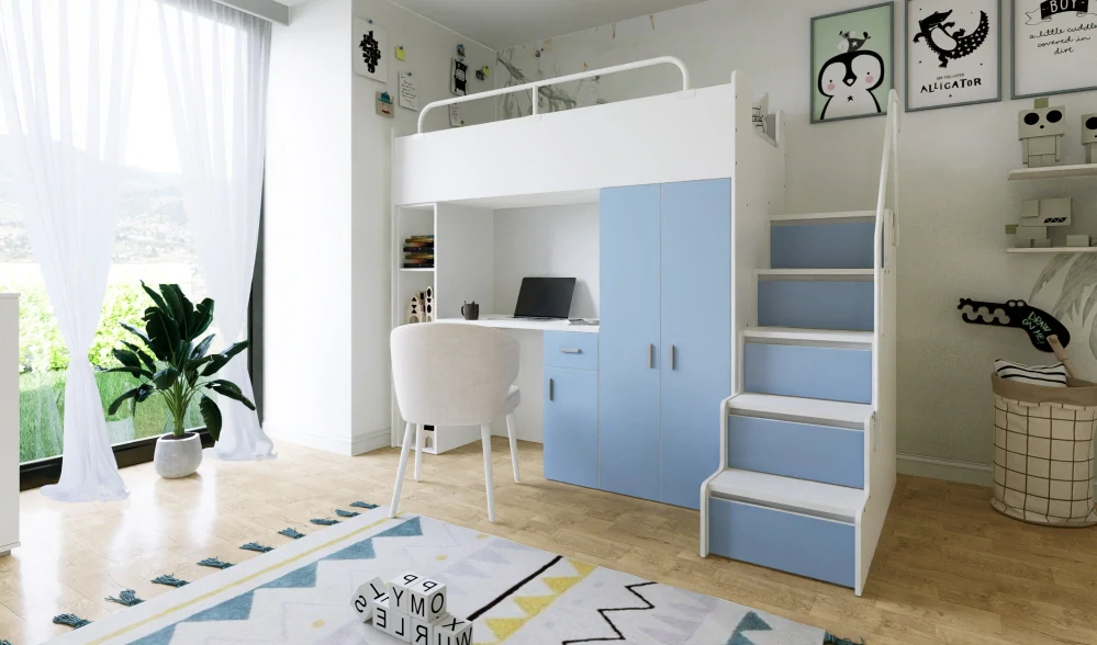 Vyvýšená postel Magnólie 200 x 90 cm s psacím stolem - Mat - Šedá