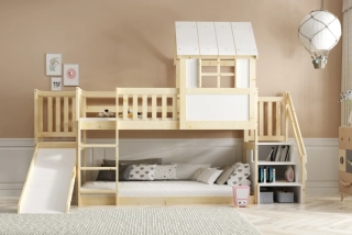 Dětská patrová postel domeček se schody a skluzavkou 200 x 90