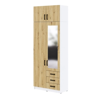 Šatní skříň Sigma 90 cm se zrcadlem a nádstavbou Bílá - dub/dub